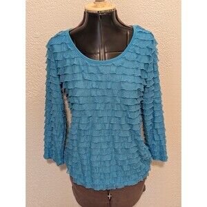 Slinky Brand Womens S Top Blue Aqua Tiered Layered Ruffle Scoop Neck BOHO Shirt